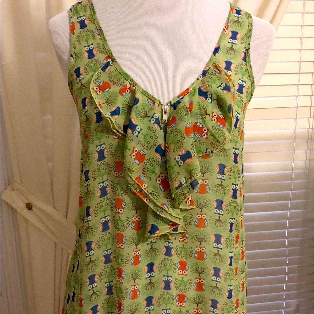 Charlotte Russe Sheer Zip-Front Owl Print Sleeveless Top, Sz Sm